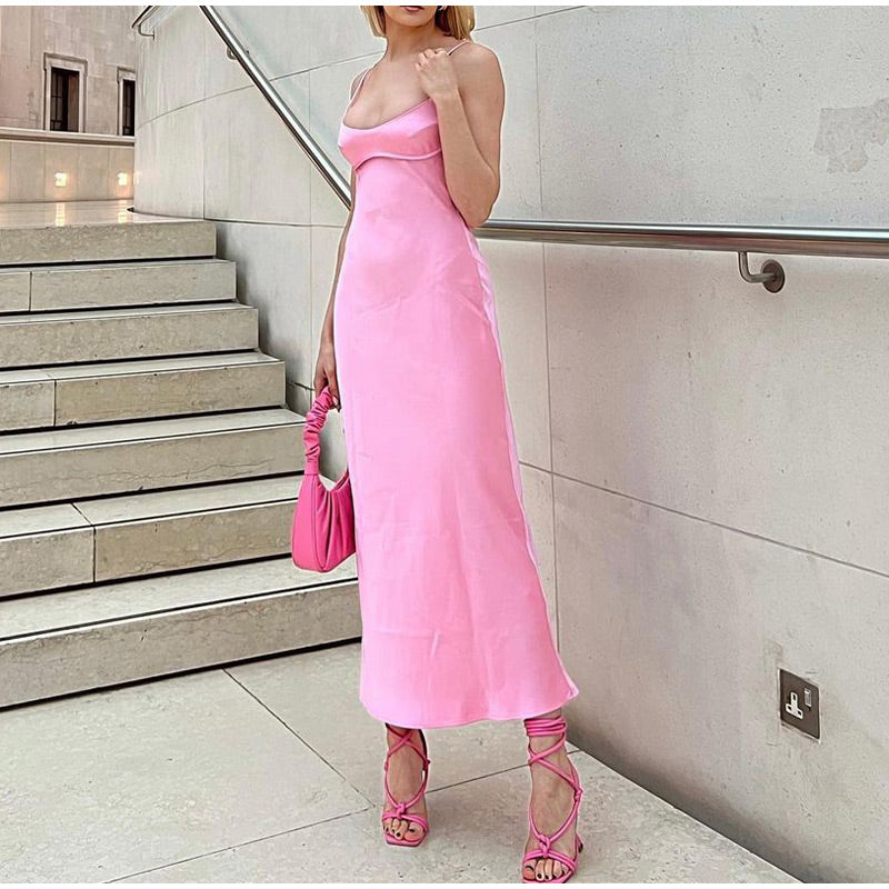 Pink Satin Slip Maxi Dress - Backless Square Neck