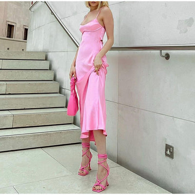 Pink Satin Slip Maxi Dress - Backless Square Neck