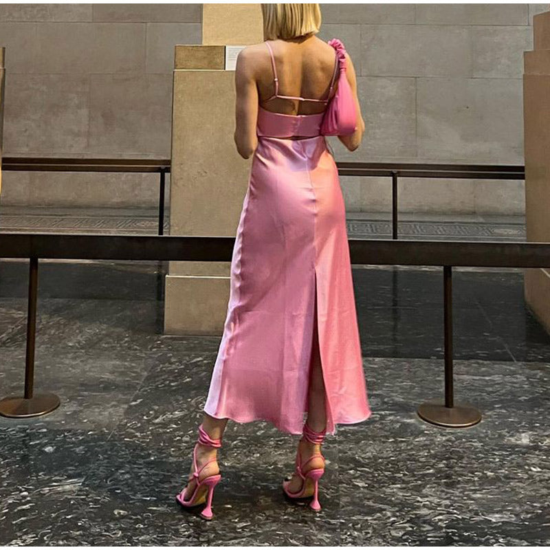Pink Satin Slip Maxi Dress - Backless Square Neck