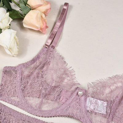 Lace Pearl Garter Set - 4PC See-Through Lingerie