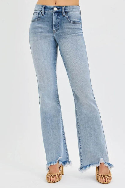 RISEN Full Size Tummy Control Mid Rise Flare Jeans with Fray Hem Detailed Plus Size - Fashions Envy