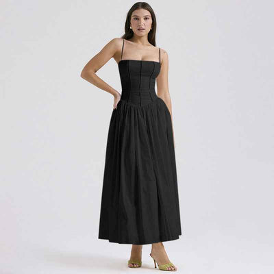 Floral Cami Maxi Dress - Cinched Waist A-Line Spaghetti Strap