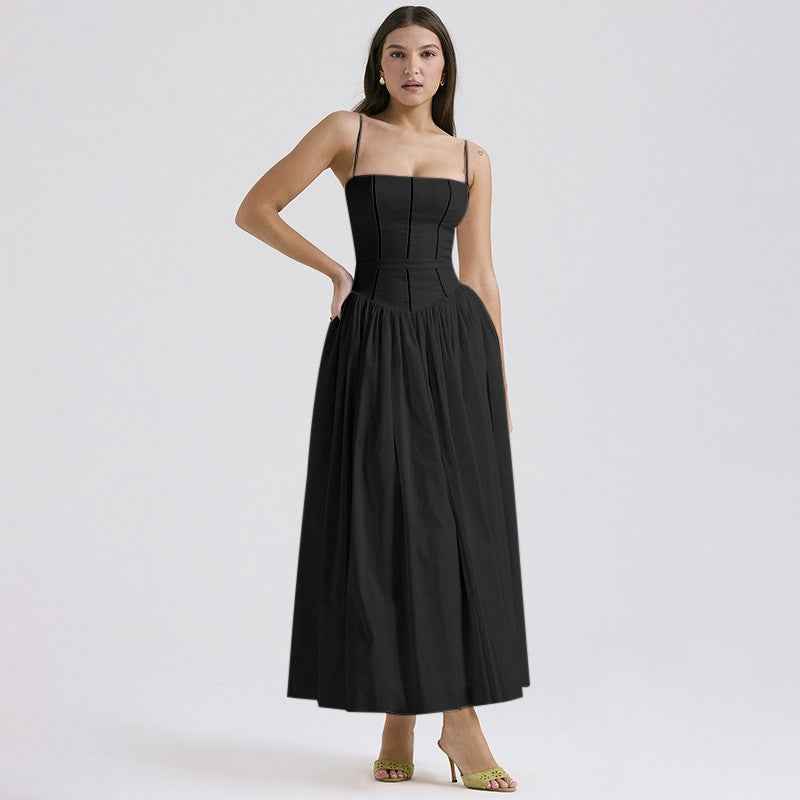 Floral Cami Maxi Dress - Cinched Waist A-Line Spaghetti Strap
