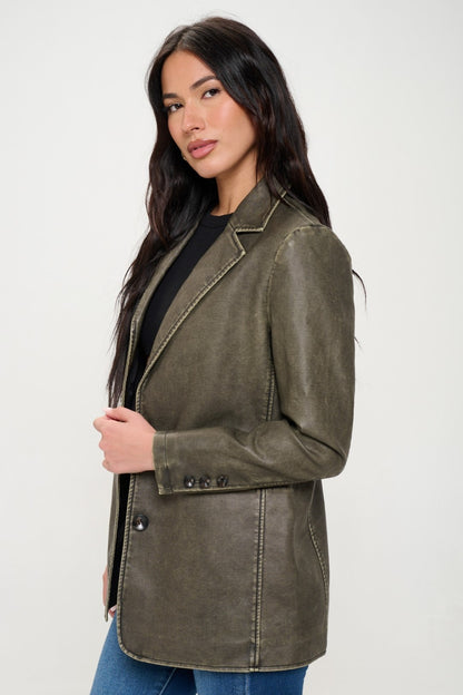 Olive Brown Single-Breasted Vegan Leather Blazer