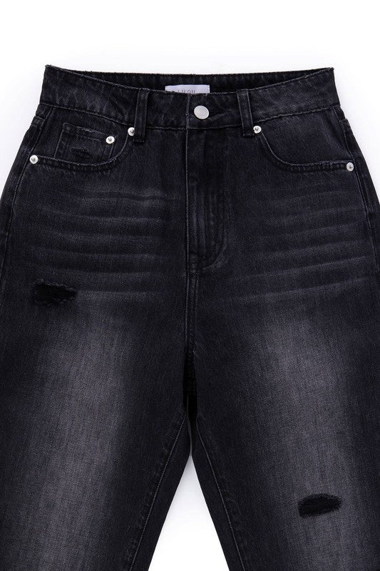 Black No Stretch Distressed Straight Jeans