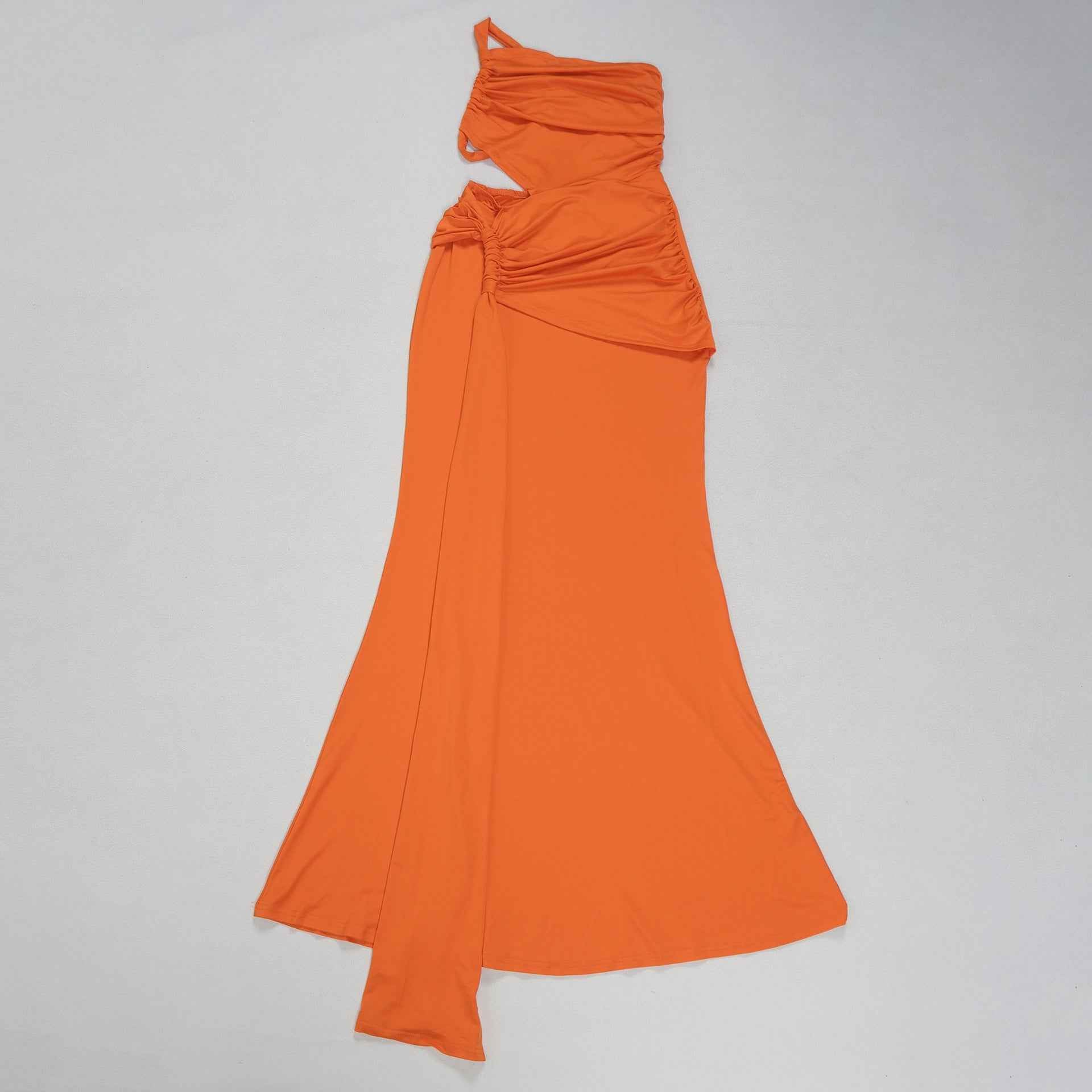 One Shoulder Cutout Maxi Dress - Pleated Bodycon Fit