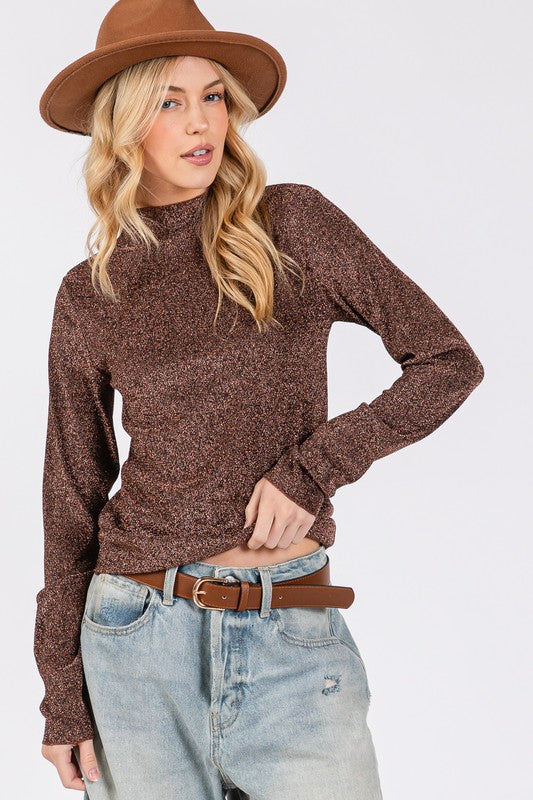 Brown Glitter Mock Neck Lettuce Hem Long Sleeve Top