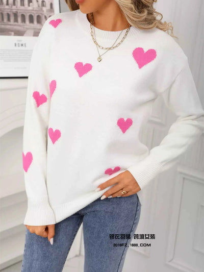 Valentine's Day Heart Print Round Neck Sweater - Fashions Envy