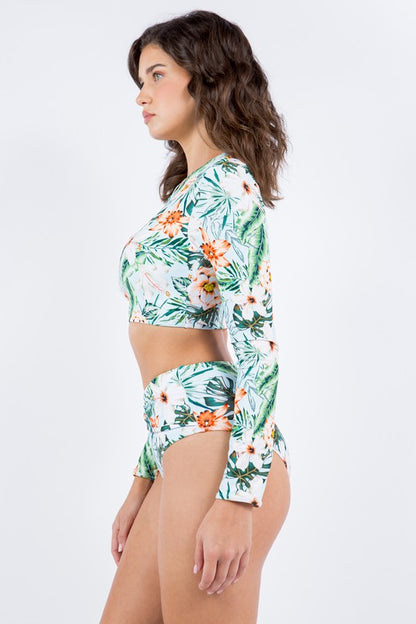 Long Sleeve Floral Print Ruched Bottom Bikini Swimwear