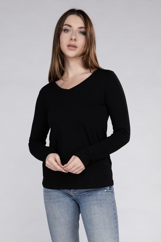 Cotton V-Neck Long Sleeve Casual T-Shirt