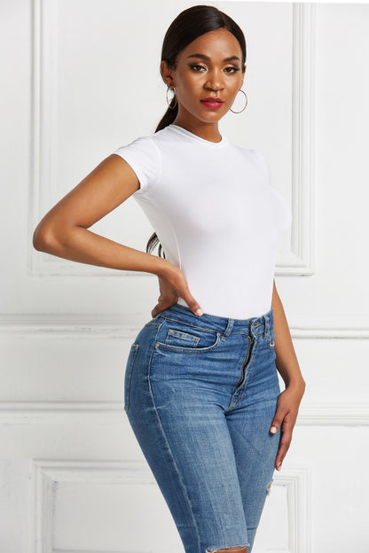 Round Neck Short Sleeve Bodysuit - Fashions Envy