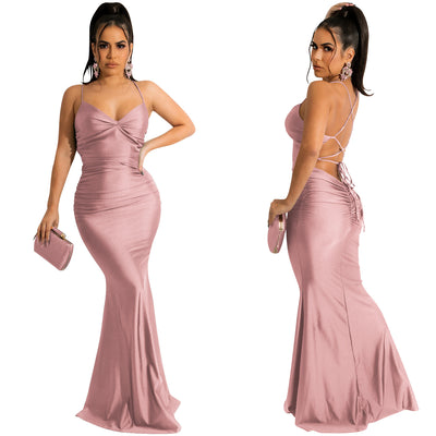 Spaghetti Strap Backless Maxi Dress - Tie Up Bodycon Satin