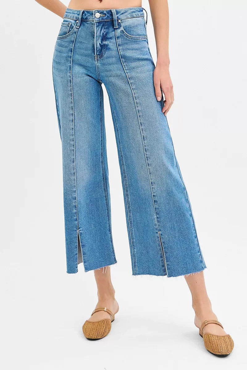 RISEN Crop Wide Leg Jeans - Tummy Control Mid Rise Front Slit - Fashions Envy