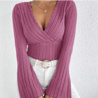 Ribbed V-Neck Top - Flared Sleeve Elegant Fit