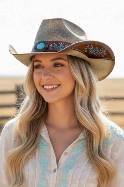 Embroidered Brim Turquoise Hatband Cowboy Hat