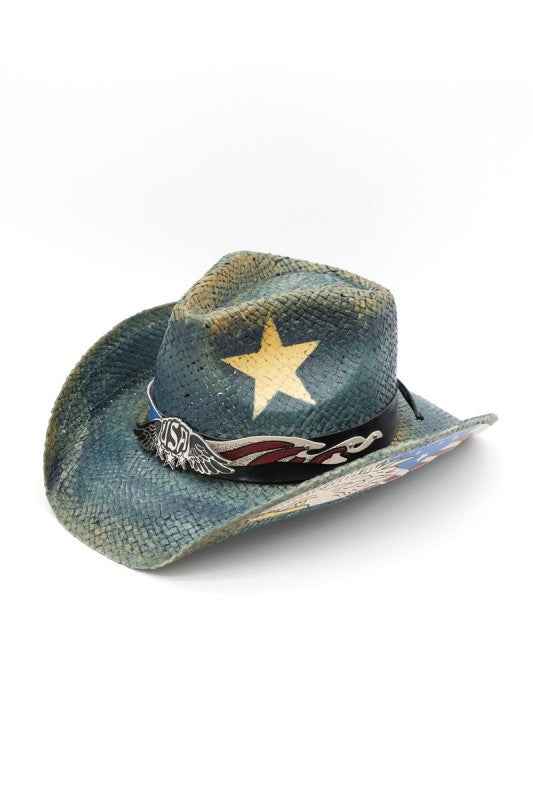 American Flag Contrast Brim Distressed Cowboy Hat