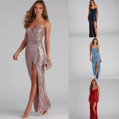 Strapless Evening Dress - Sequin V-Neck Gown - Fashions Envy