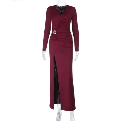 V Neck Maxi Dress - Long Sleeve Metal Buckle Slit - Fashions Envy