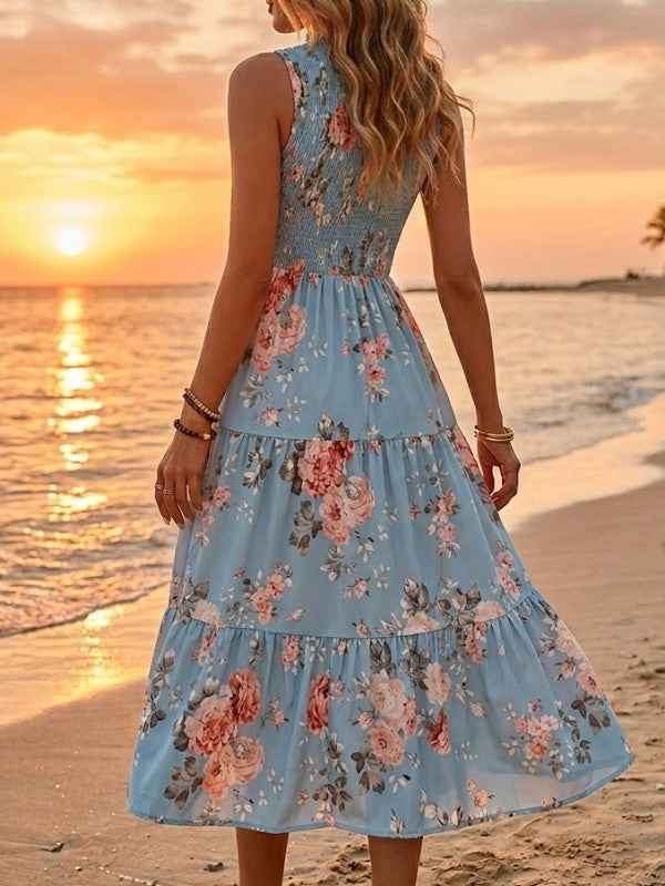 Mint Blue Floral Rose Tiered Smocked Midi Dress