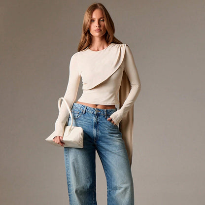 Shoulder Shawl Crop Top - Apricot Long Sleeve Pullover