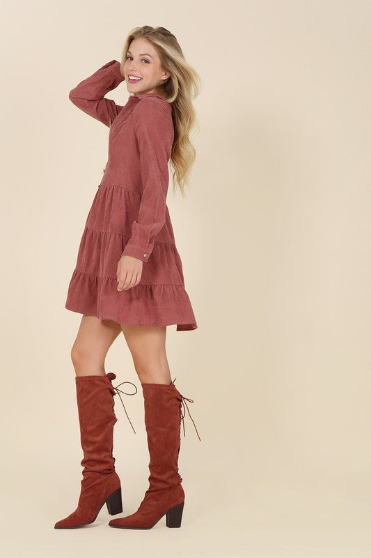 Corduroy Tiered Long Sleeve Mini Dress