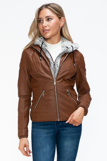 Rust Faux Layered Double-Zipper Jacket with Fuzzy Hood