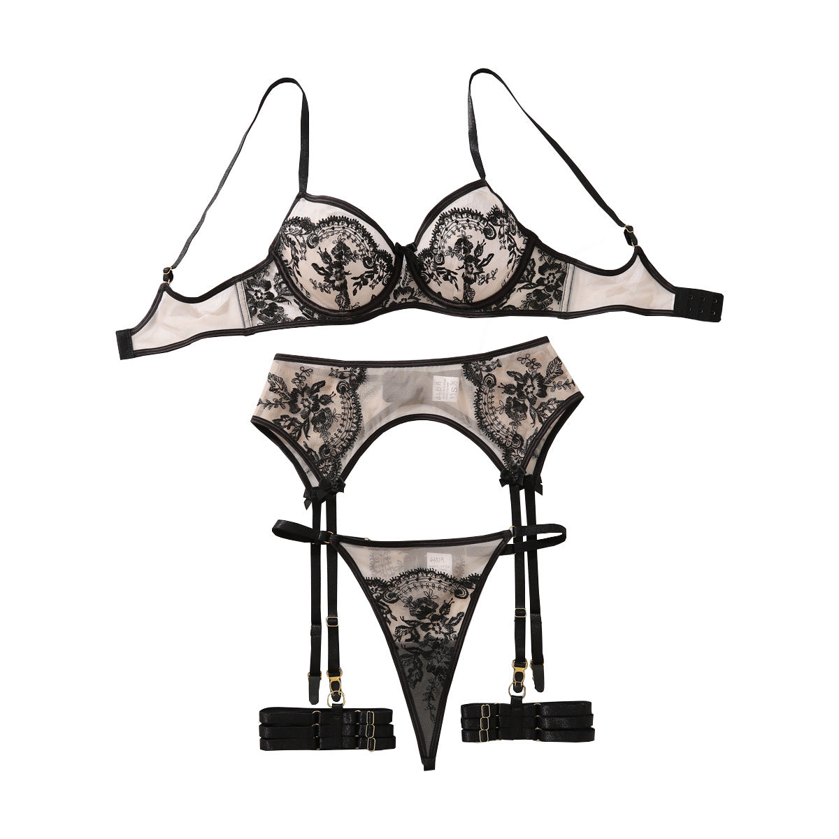 Sheer Lingerie Set - Embroidered Mesh Bra