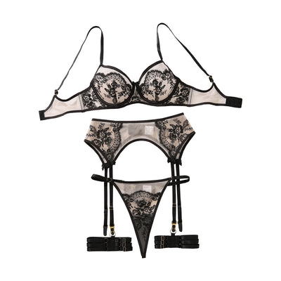Sheer Lingerie Set - Embroidered Mesh Bra