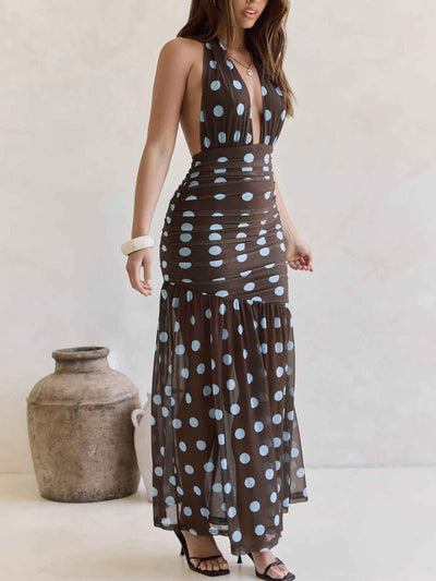 Polka Dot Halter Ruched Maxi Dress