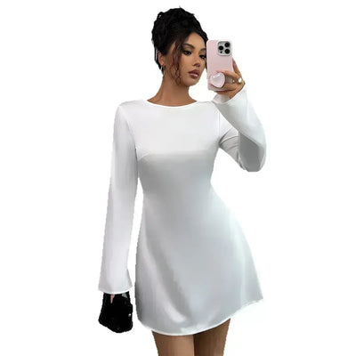 Backless Mini Dress - Flared Long Sleeve Party Dress - Fashions Envy