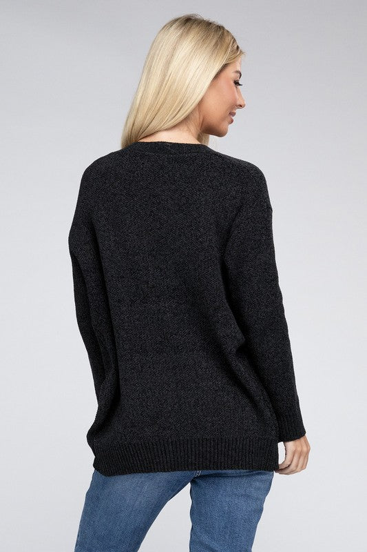 Melange Open Front Sweater Cardigan with Front Pockets