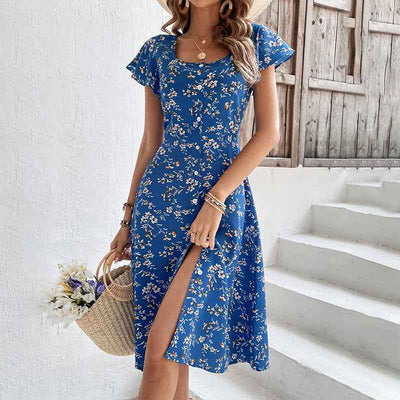 Bohemian Floral Print Midi Dress - Flowy Button Up