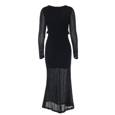 Ribbed Evening Gown - Long Sleeve V-Neck Bodycon Dress - Fashions Envy