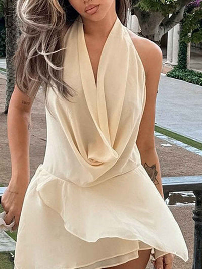 Ruffled Halter Mini Dress - Backless Tied Asymmetrical Slit