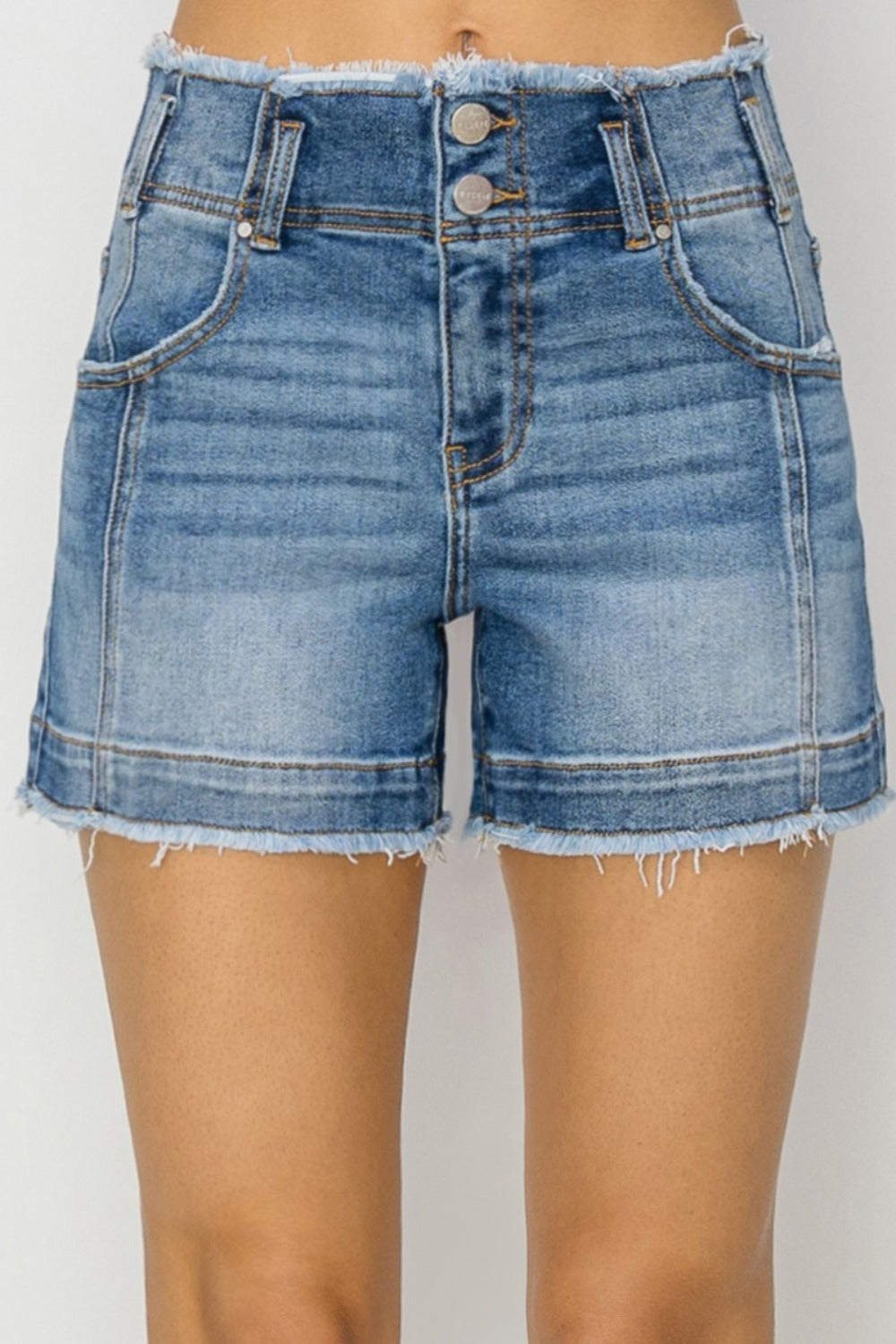 High Rise Seam Detailed Raw Edge Risen Denim Shorts