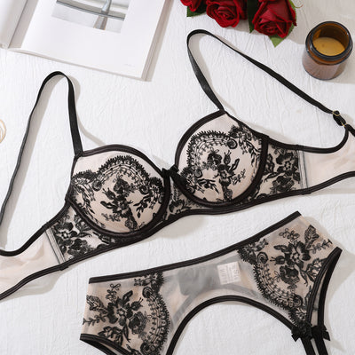Sheer Lingerie Set - Embroidered Mesh Bra