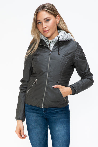 Charcoal Faux Layered Double-Zipper Jacket with Fuzzy Hood