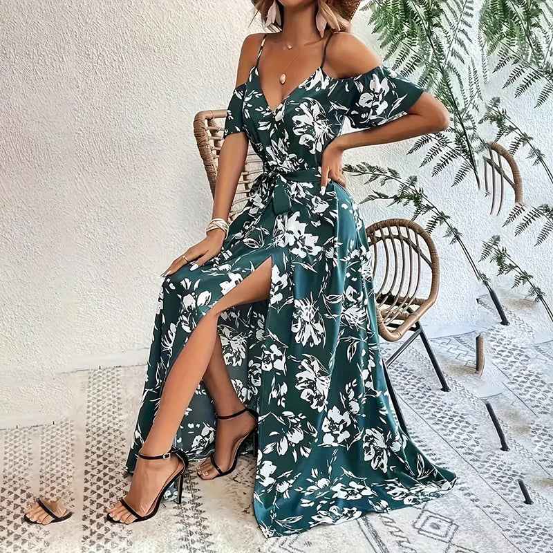 Floral Maxi Summer Dress - Cold Shoulder Split A-Line
