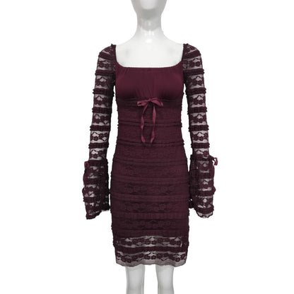 Square Neck Lace Mini Dress - Bell Sleeve Bodycon Fit