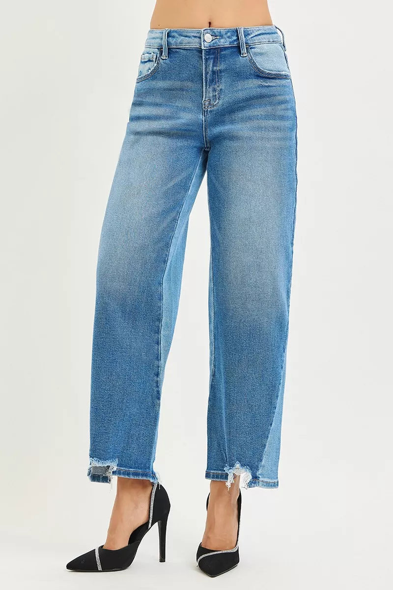 RISEN Slouchy Cropped Barrel Jeans - Contrast Wash - Fashions Envy