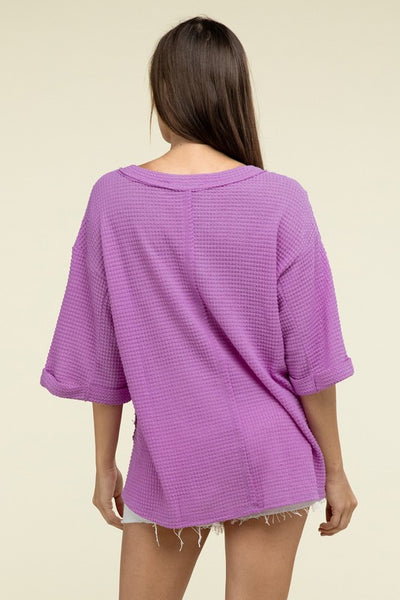 Brushed Waffle Exposed-Seam 3/4 Sleeve Top - Fashions Envy