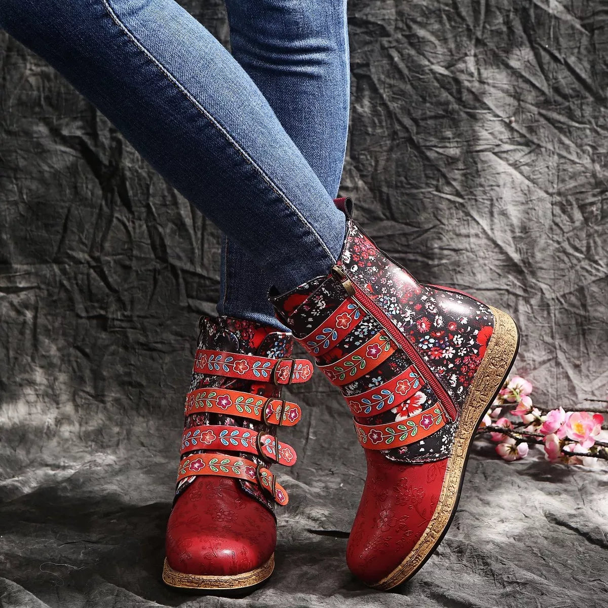 Embroidered Boots - Round Toe Flats - Fashions Envy