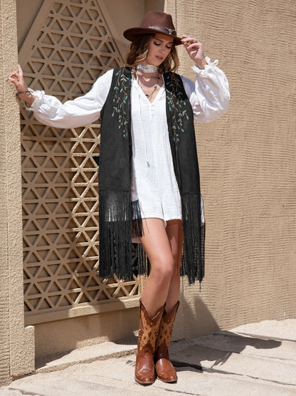 Faux Suede Fringe Hem Open Front Vest - Fashions Envy