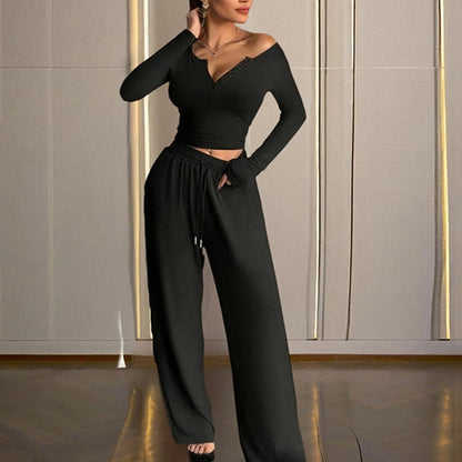 Sexy V-Neck Button-Up Fitted Long Sleeve T-Shirt & High-Waist Flared Wide-Leg Stretchy Pants Set