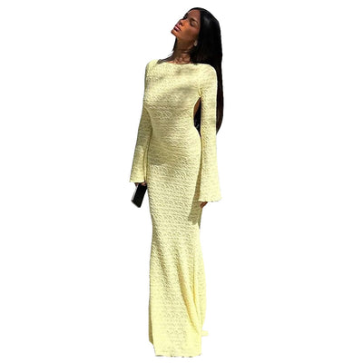 Backless Maxi Dress - Tie Detail Long Sleeve Yellow - Fashions Envy