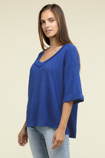 Brushed Waffle Exposed-Seam 3/4 Sleeve Top - Fashions Envy