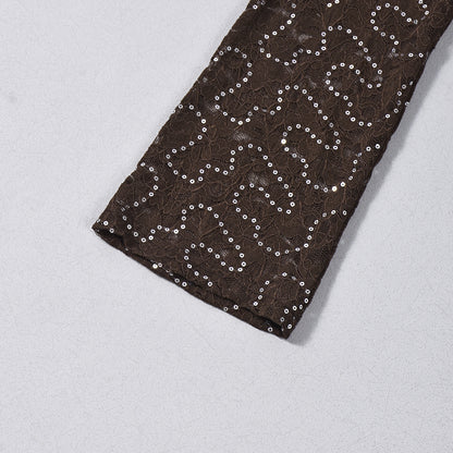 Lace Sequin Bodysuit and Skirt Set - Brown Mini Outfit