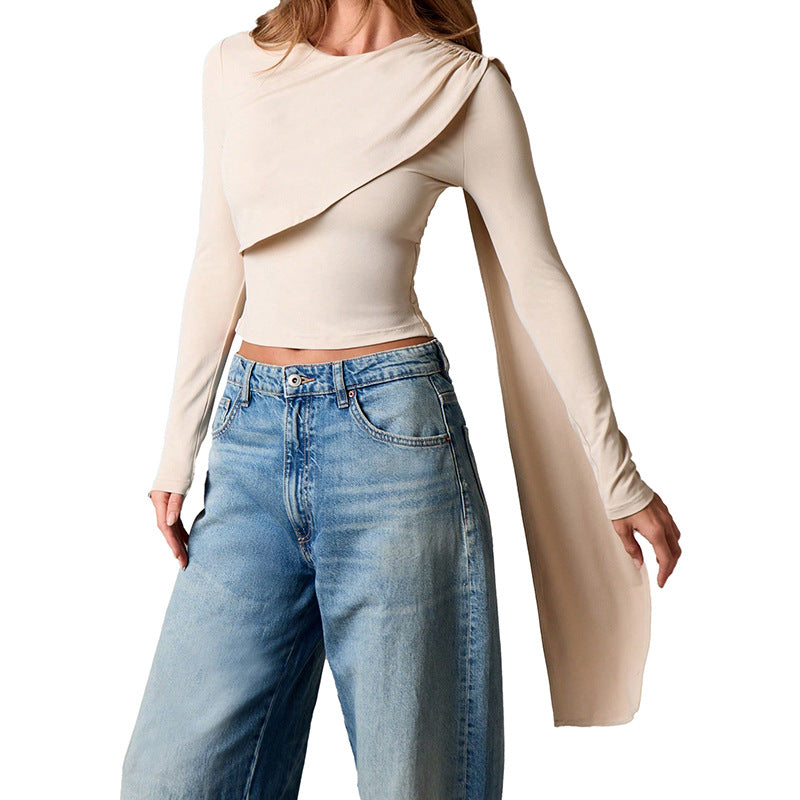 Shoulder Shawl Crop Top - Apricot Long Sleeve Pullover
