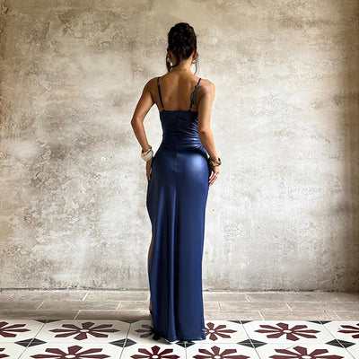 Navy Blue Maxi Dress - One Shoulder Split Hip Gown