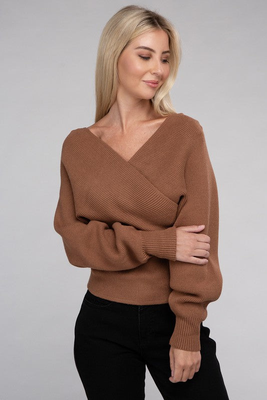 Cross-Wrap Viscose Long Sleeve Pullover Sweater